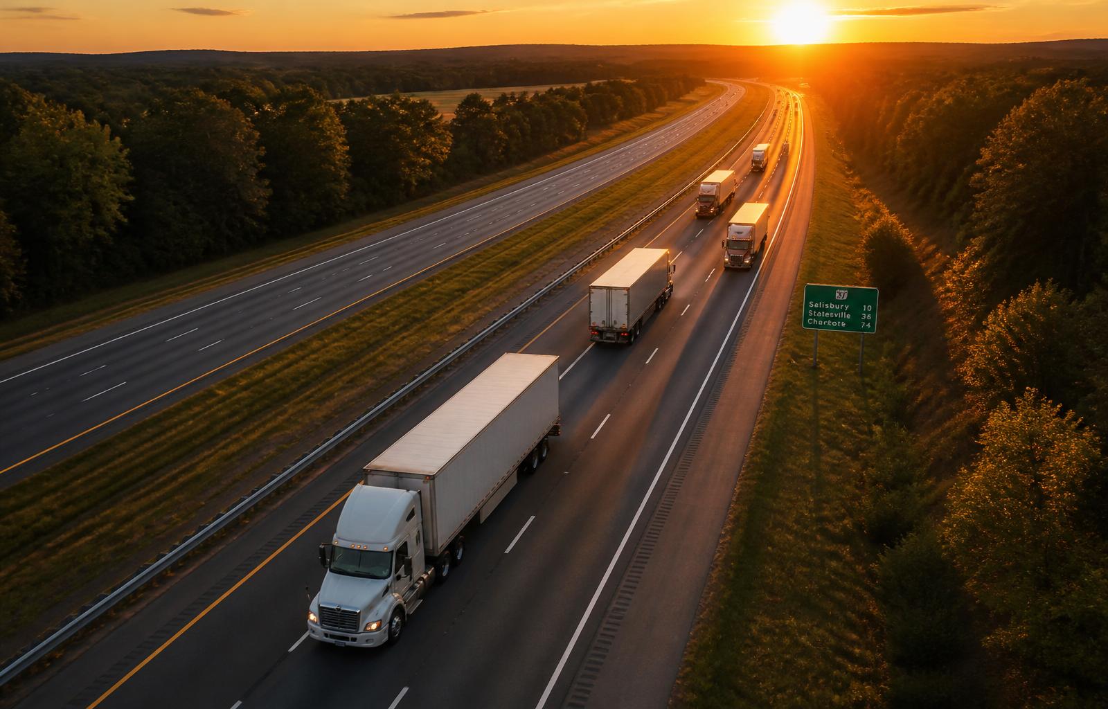 Fleet of freight trucks on interstate