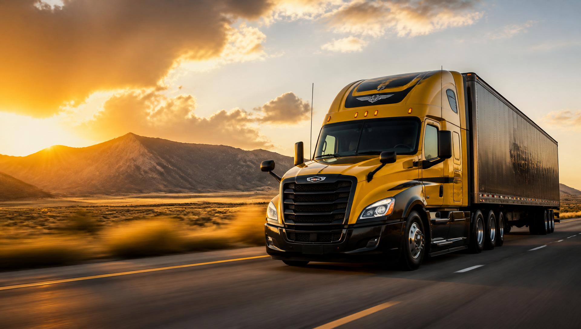 Yellow semi-truck on American highway at sunset